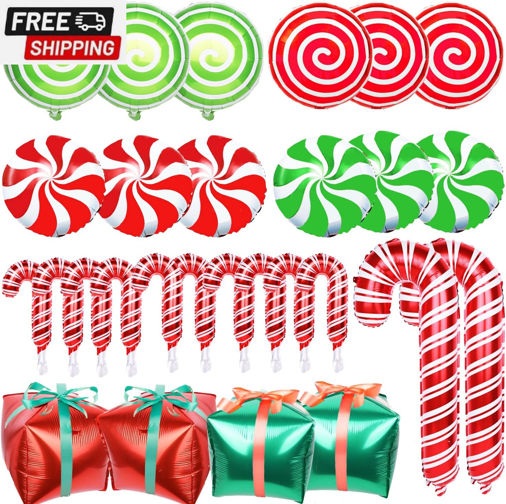 30Pcs Christmas Balloons Decoration Set, Candy Cane Gift Box Mylar Foil Balloons