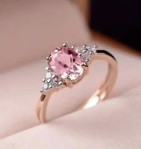 14K Rose Gold Plated Oval Cut Simulated Pink Sapphire Women's Fancy Wedding Ring