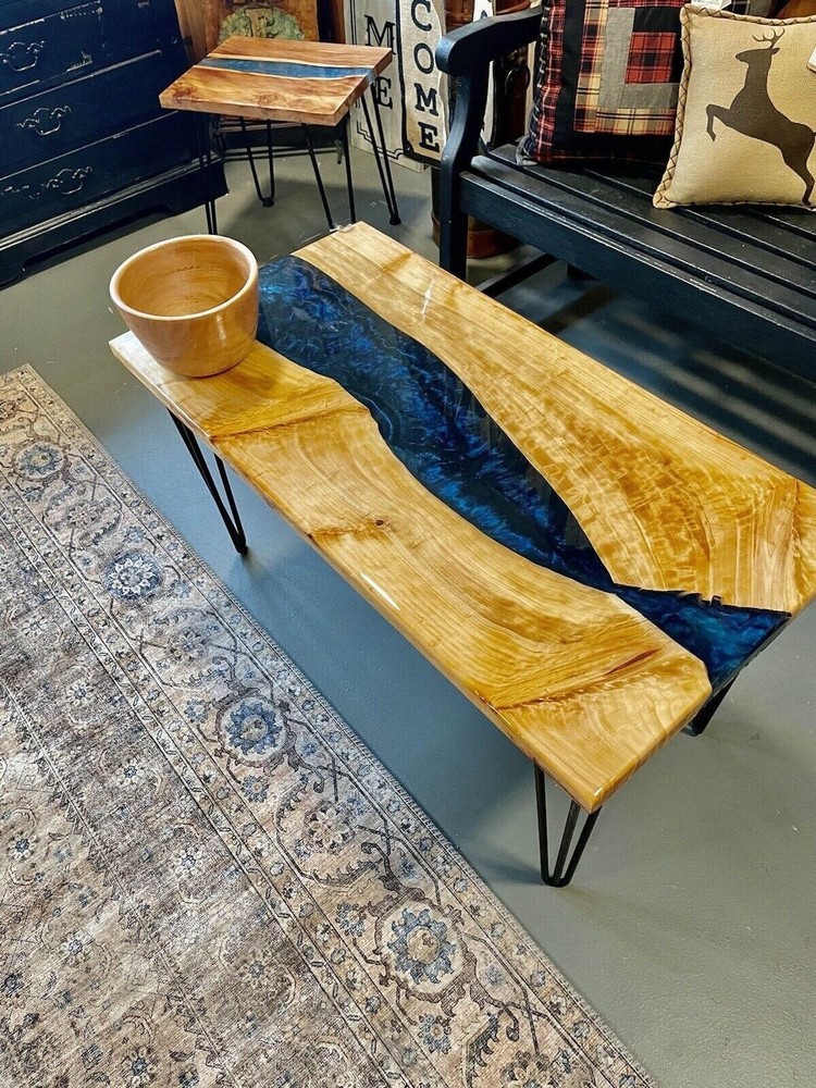 Epoxy Wood Console Table Handmade Blue Resin Dining Countertop Art Hallway Decor