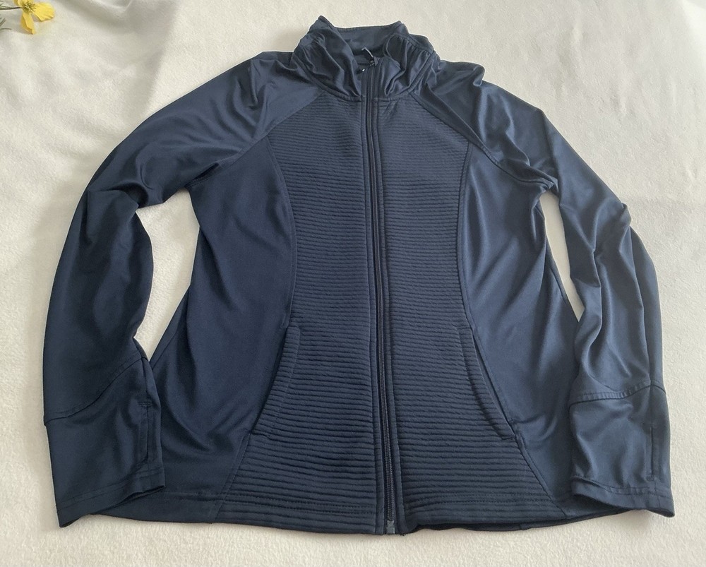 Avia Full Zip Navy Jacket Pockets And Thumb Holes Ruched Collar Size Large