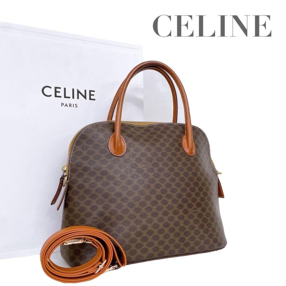 CELINE Macadam PVC Tote Bag Brown 2-Way Shoulder Authentic Excellent Condition