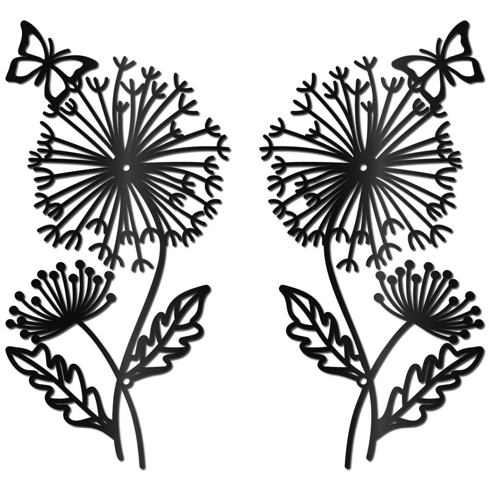Black Metal Dandelion Wall Art Metal Plant Wall Decor Iron Hollow Butterfly S...