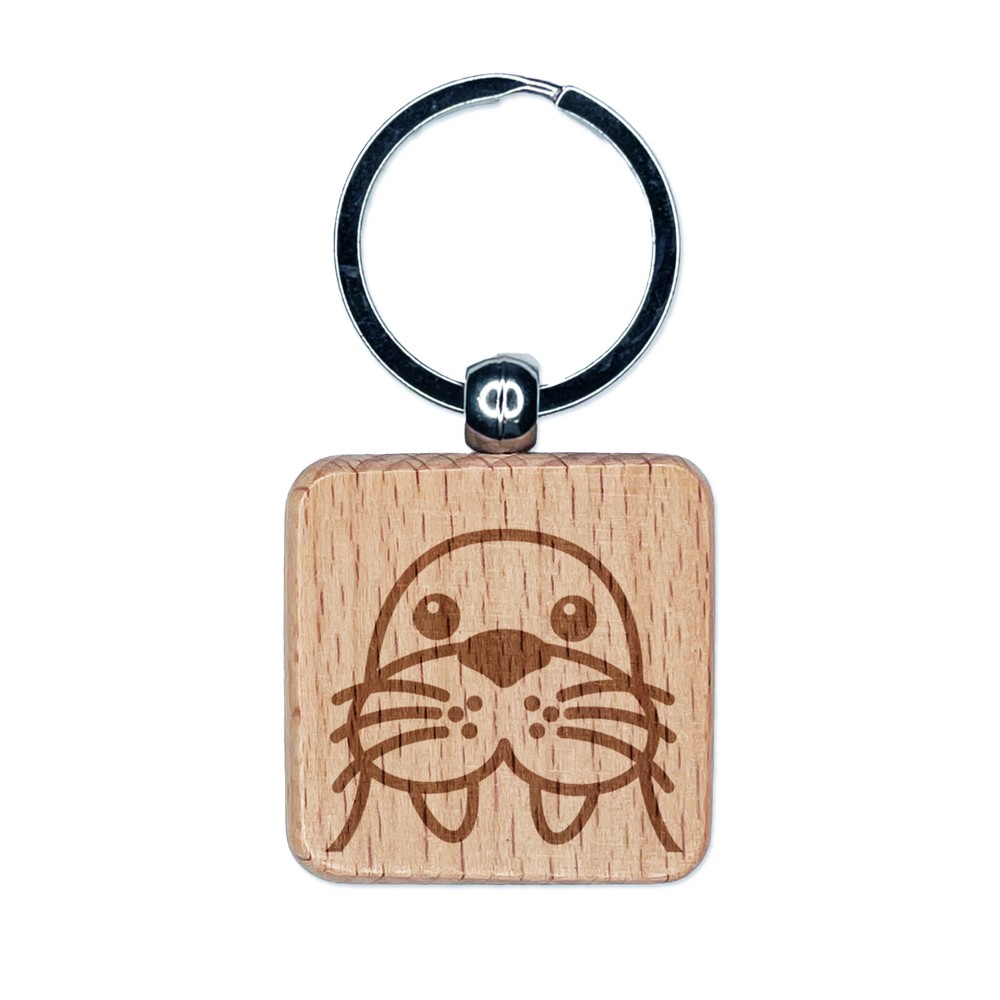 Peeking Walrus Engraved Wood Square Keychain Tag Charm