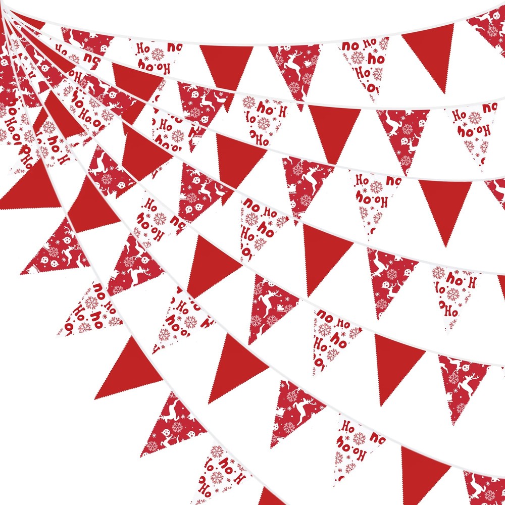 10M/32Ft Red and White Christmas Banner Fabric Triangle Flag Pennant Bunting ...