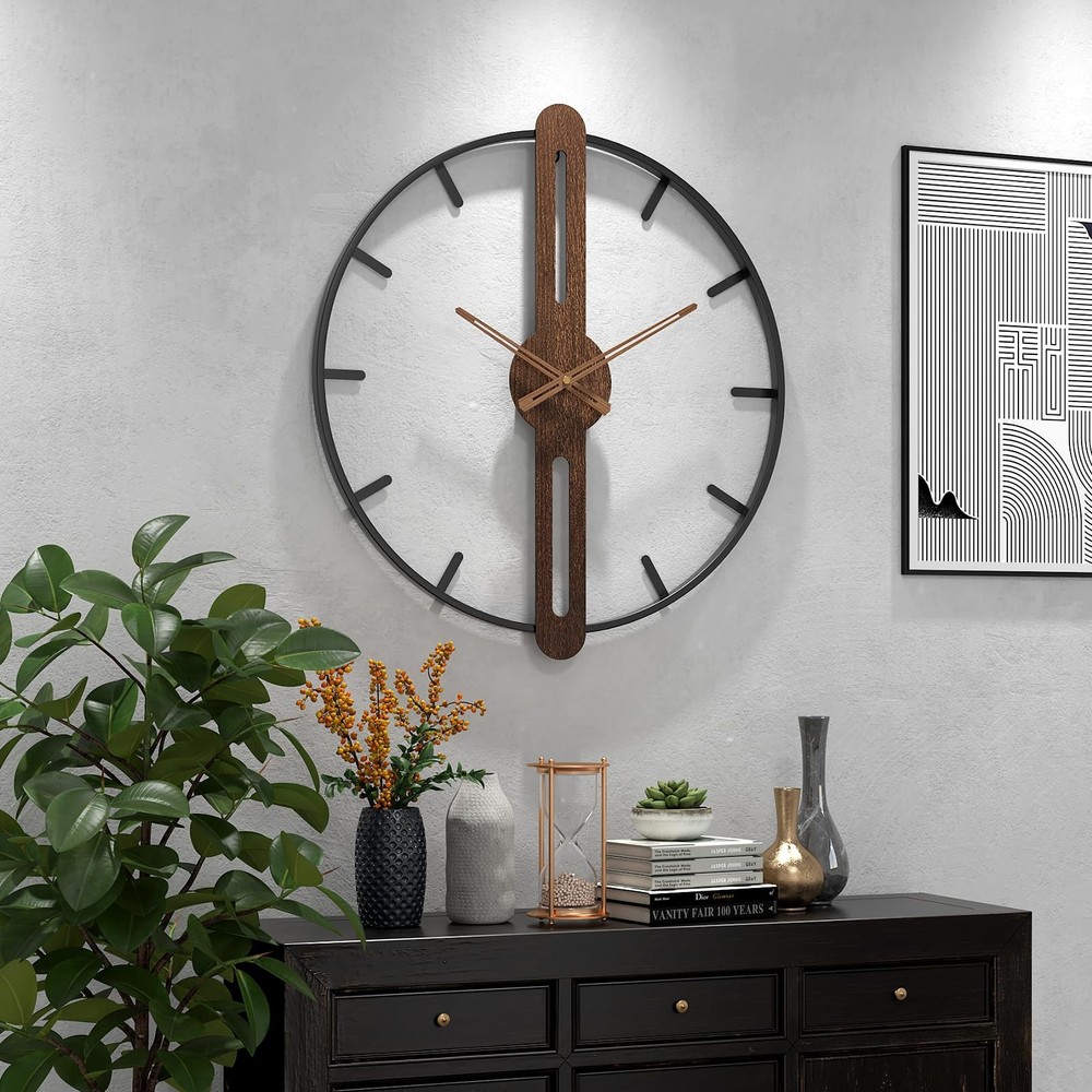 DAYDAYART Modern Walnut Dial Large Wall Clock with Metal Frame for Home Decor