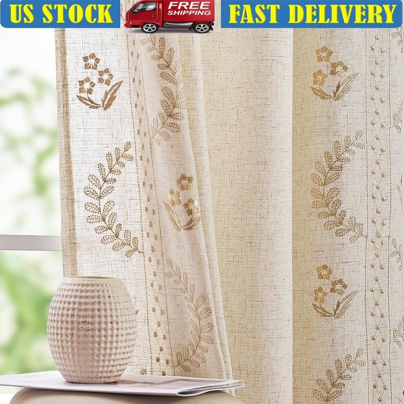 Farmhouse Floral Linen Curtains Light Filtering Embroidered Window Panels 2-Pack