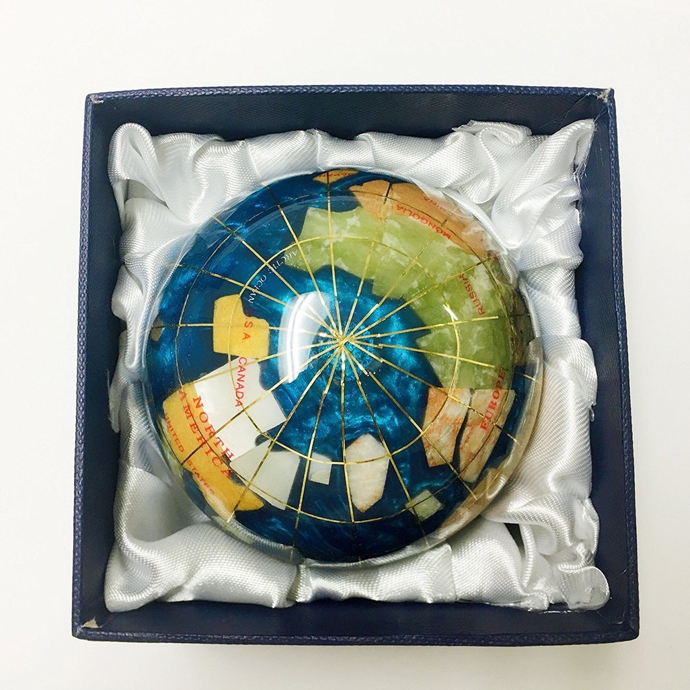unique art 3-inch Bahama Blue Pearl Swirl ocean gemstone world globe paperweight