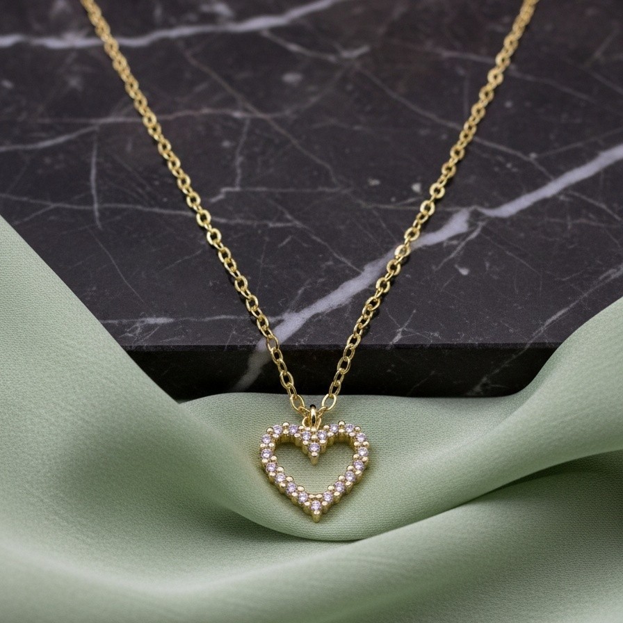Gold Prong Heart Necklace with Cubic Zirconia Stones, Elegant Love Jewellery, UK