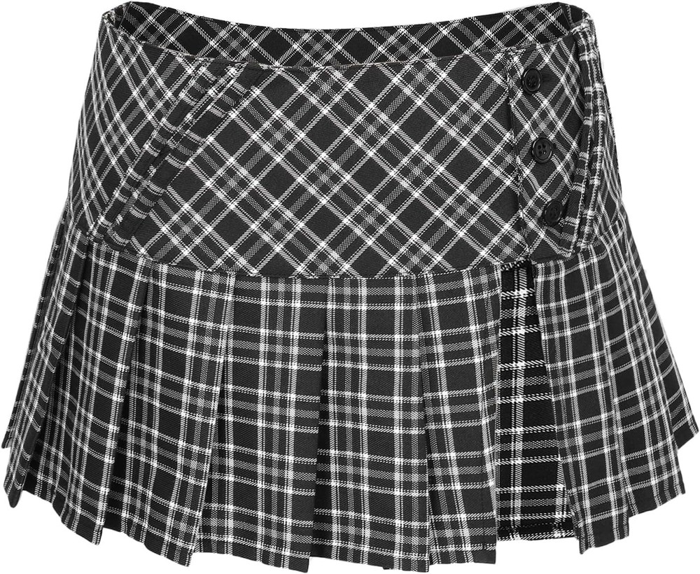FURPHI Mini Plaid Pleated Skirt Low Waist Slit XS Black Women US Size