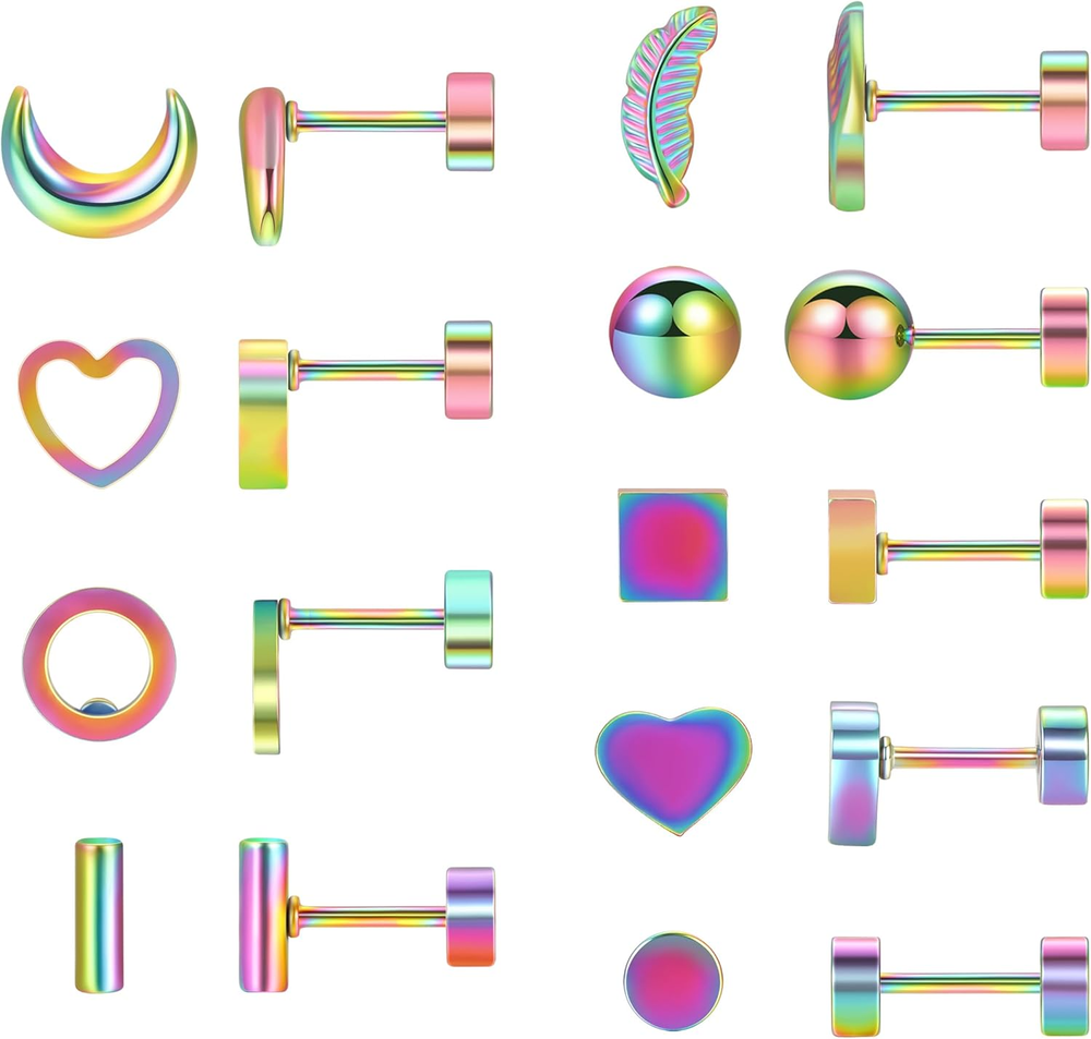 Pack of Titanium Geometry Screw Back Earrings Hypoallergenic for Sensitive Ears