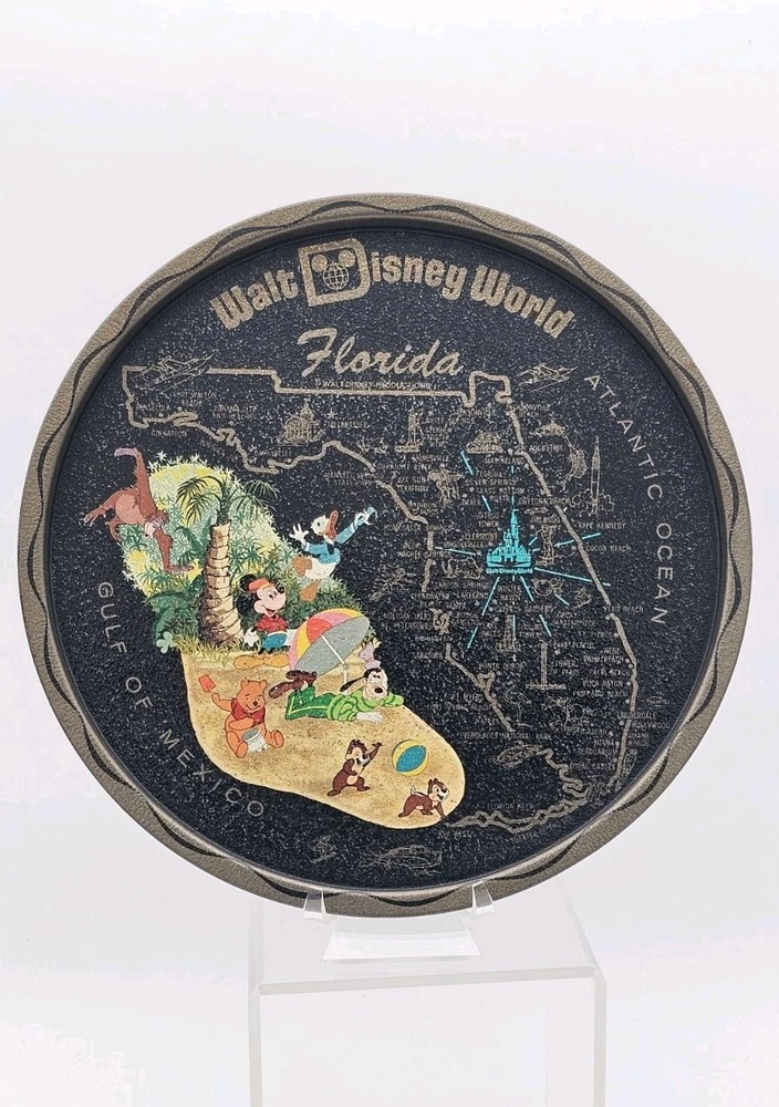 Vintage 1970s Walt Disney World Tin Metal Florida Map Tray 11 Inch Souvenir
