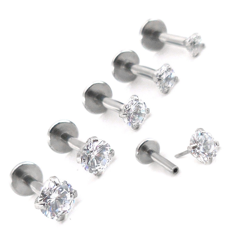 Threadless CZ Stud Flat Back Stainless Earrings - 16g 18g Labret Nose Stud Ring
