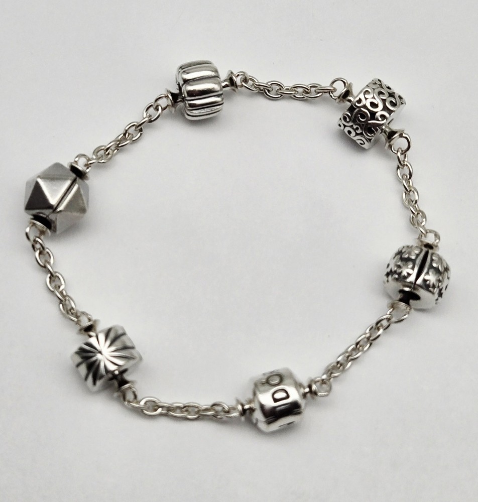 VTG Pandora Sterling Silver Clip Charm Bracelet with 5 Pendants 7 Inch 22.8g