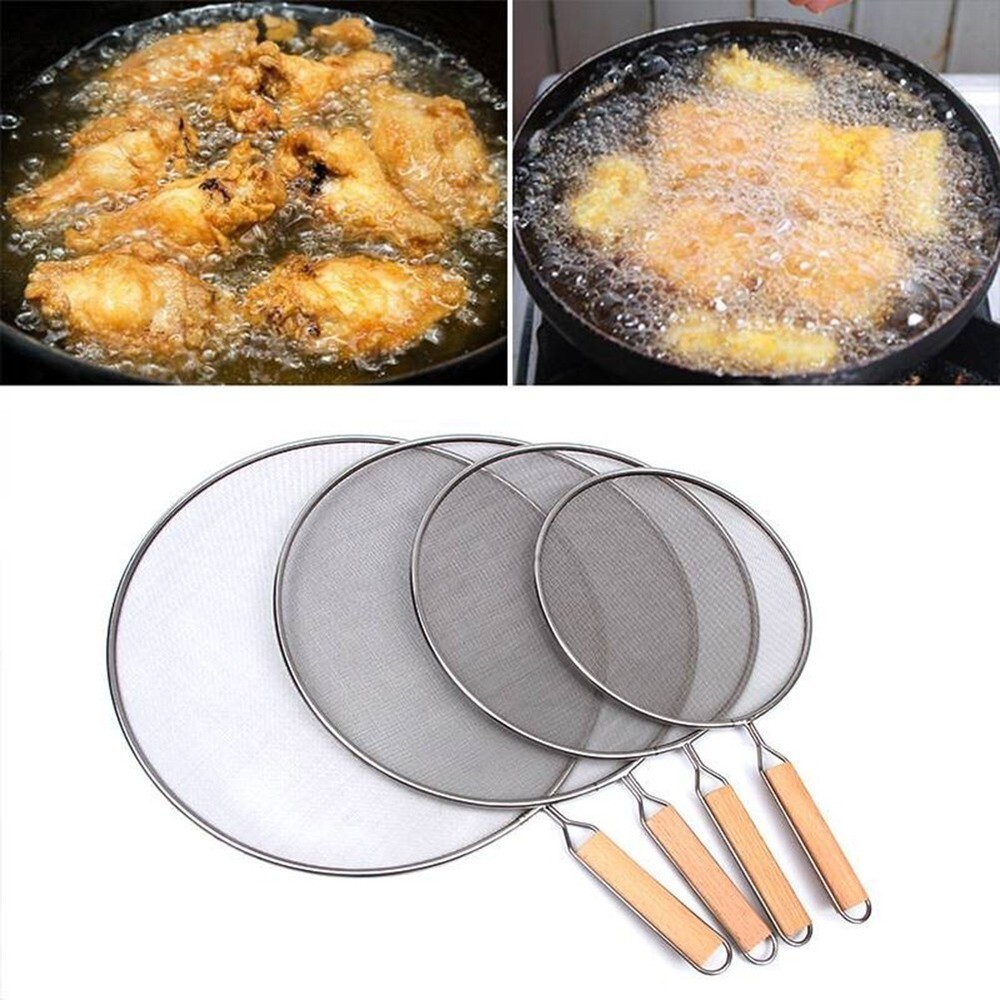 Frying Pan Mesh Guard Kitchen Cooking Handle Stainless Steel Oil Splatter Scree