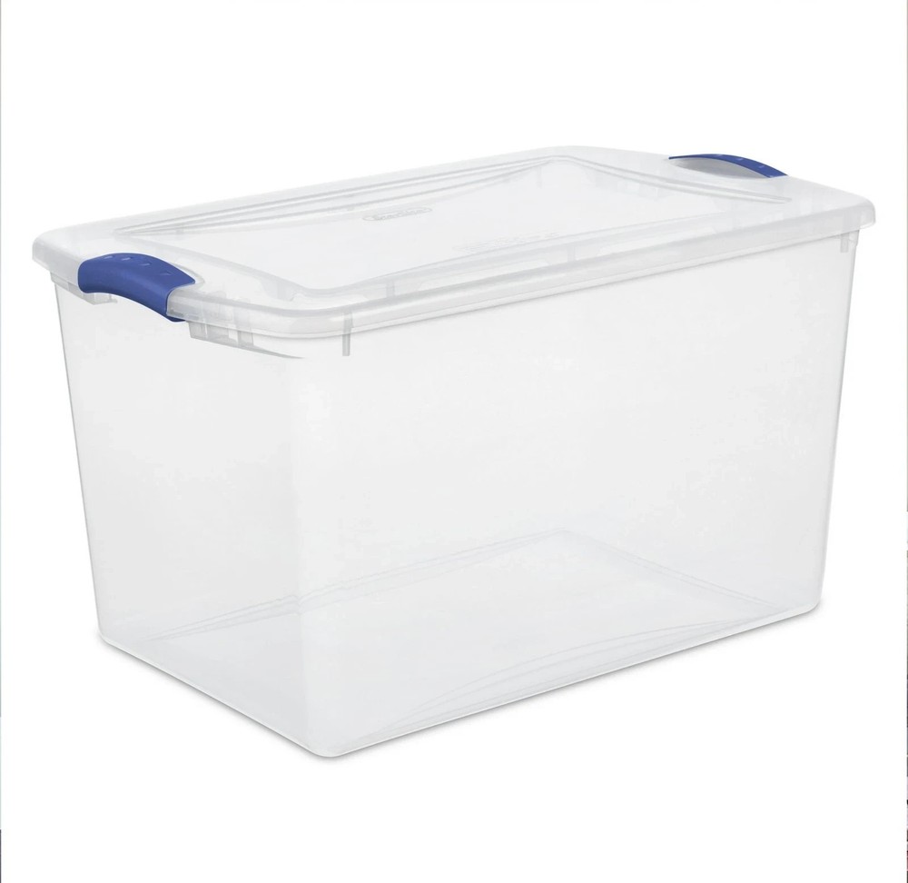 66 Qt Clear Stackable Storage Bin with Secure Blue Latching Lid – Large Plastic Organizer Box