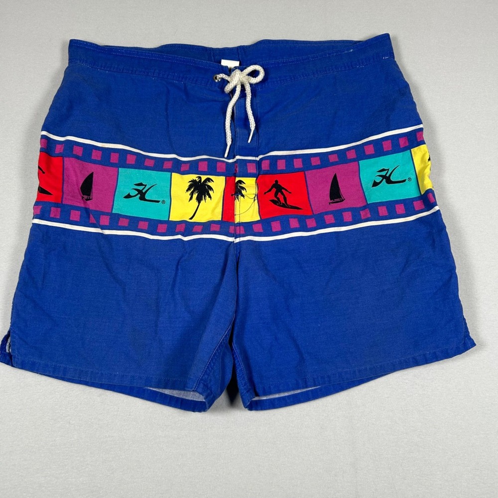 Vintage Hobie Board Shorts Mens Medium Blue Surf Swim Trunks 90s Graphic
