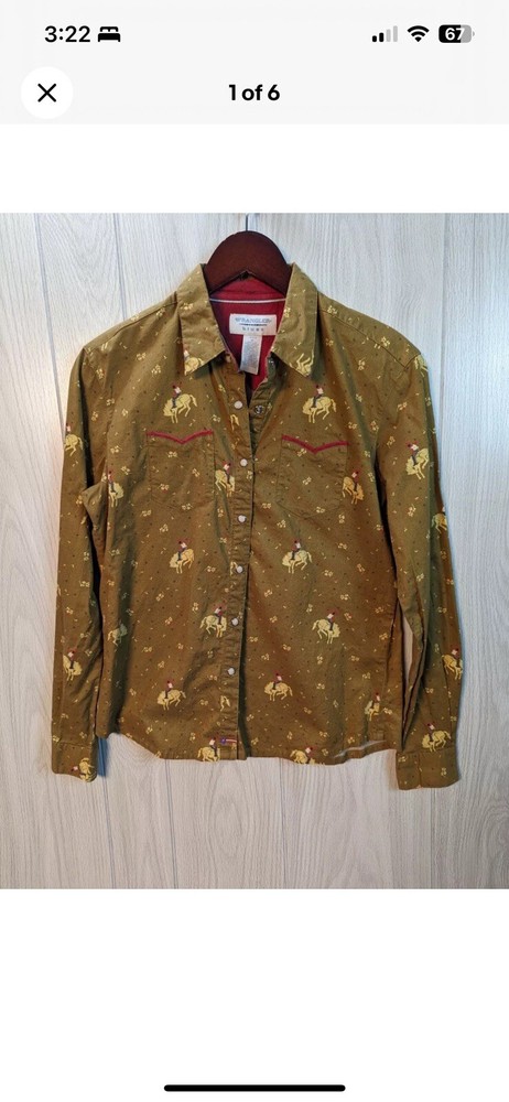 Vtg Wrangler Blues Womens Medium Brown Pearl Snap Shirt Cowboy Novelty Western