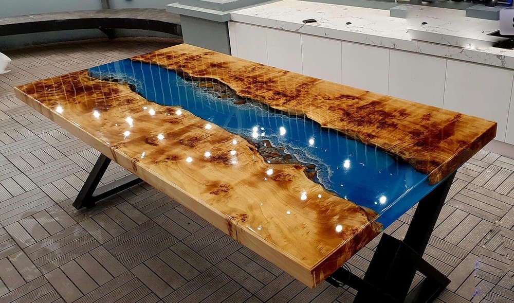 Custom Blue Ocean Epoxy Resin Table, Handmade Dining Room Table, Resin Table Top