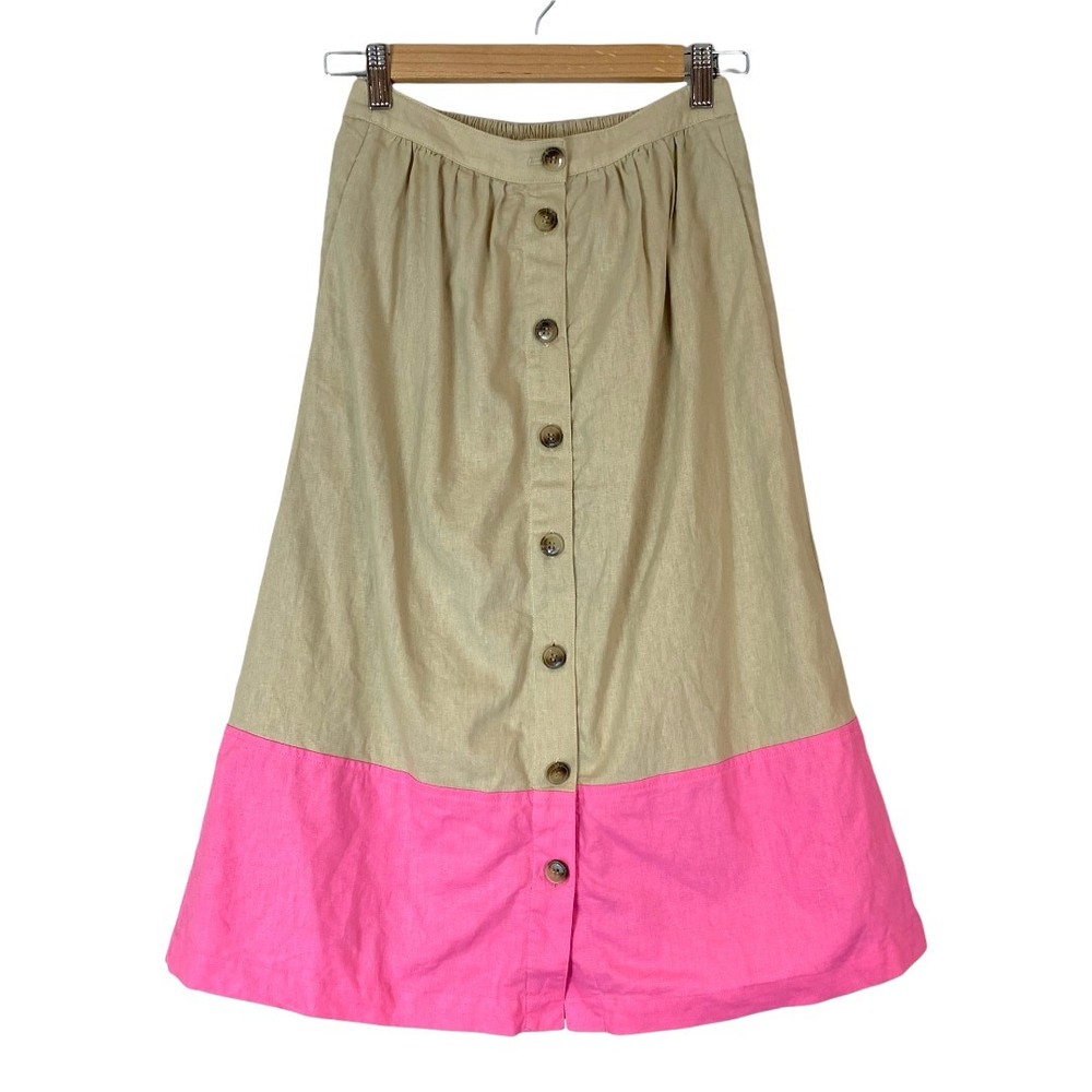 J Crew Ombre Colorblock Linen Midi Skirt in Tan & Neon Pink XXS
