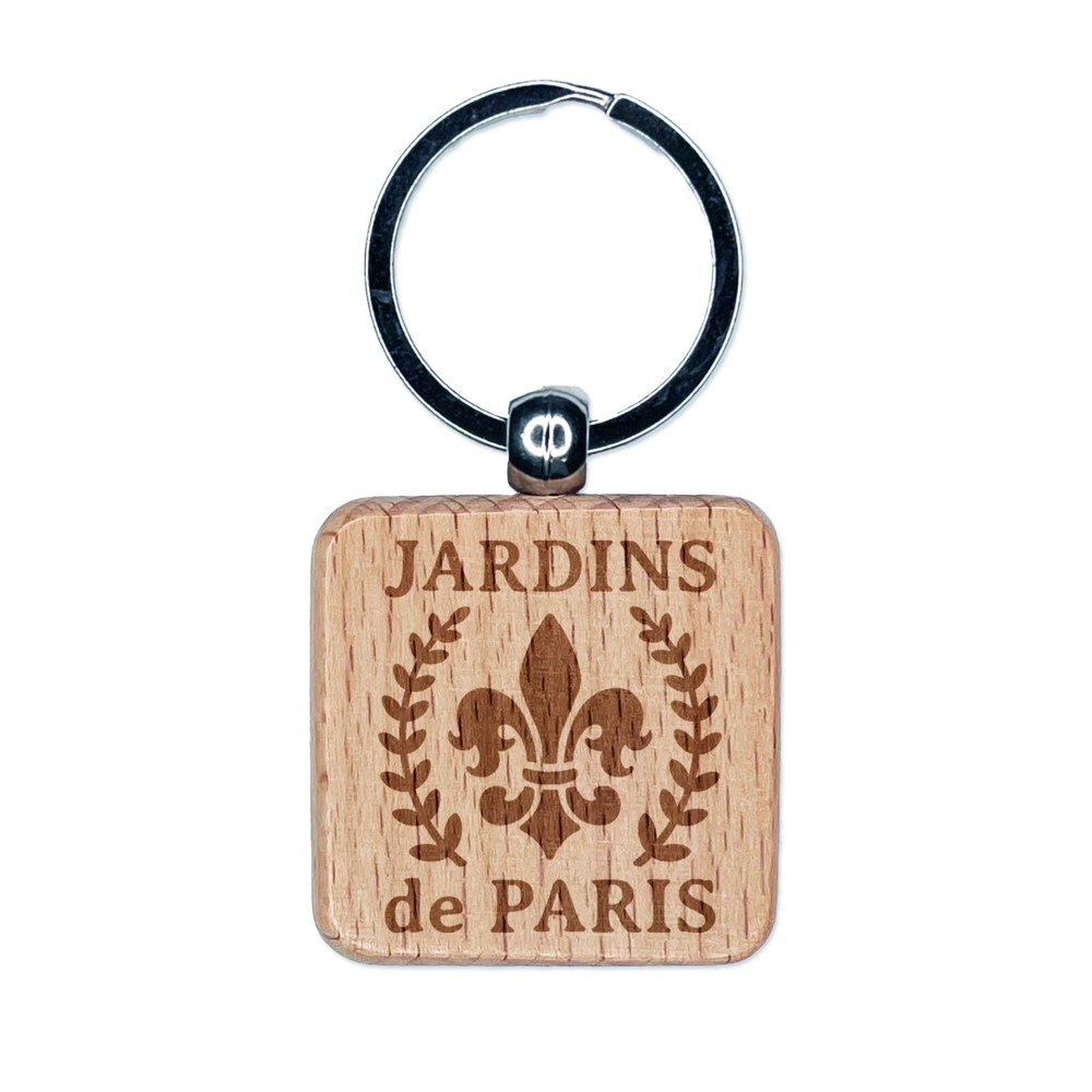 Jardins de Paris Fleur de Lis Engraved Wood Square Keychain Tag Charm