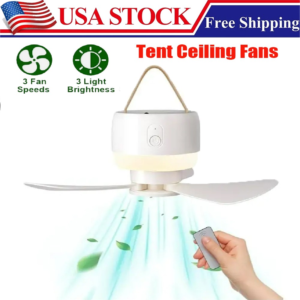 USB Rechargeable Camping Fan Portable Tent Ceiling Fans Remote Control LED Light