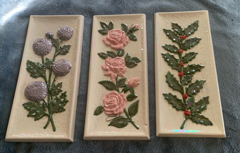 Vintage Lot Of 3 Set Flower Relief Wall Art Ceramic 1968 Iridescent 14”x6”x1”