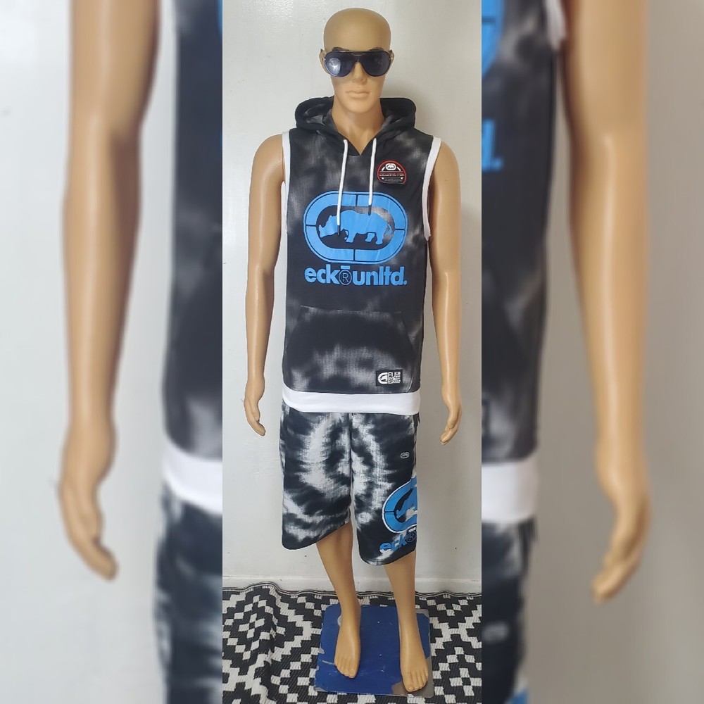 ECKO UNLTD SLEEVELESS STAR BURST MUSCLE HOODIE MEN SIZ S WHITE TIE DYE W/ POCKET