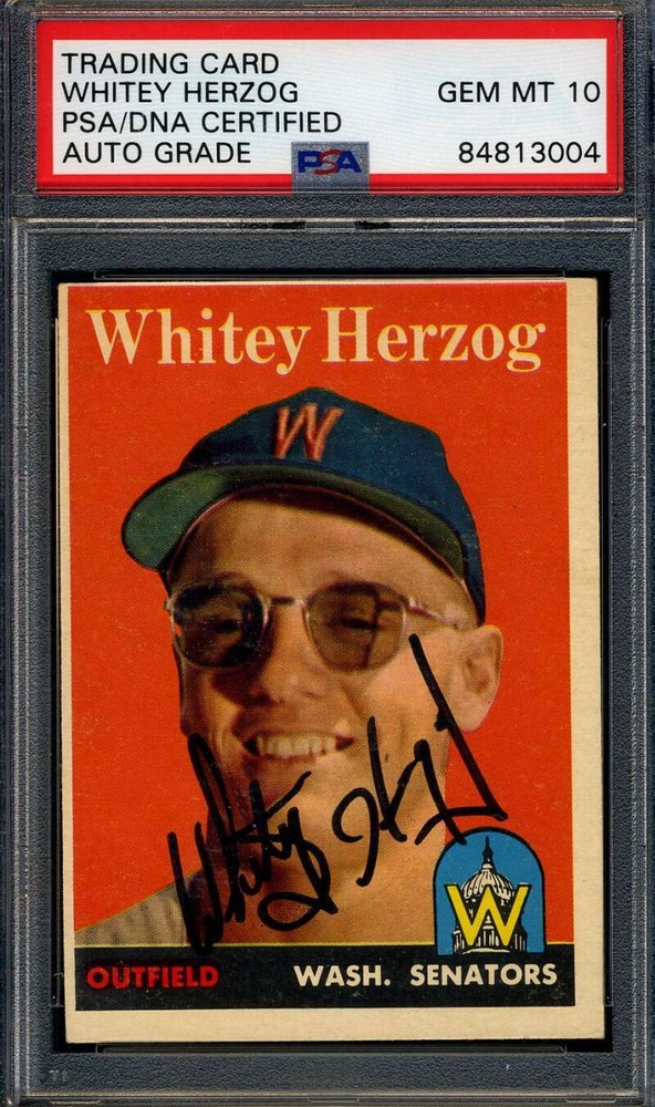 Whitey Herzog 1958 Topps PSA 10 Gem Mint Autographed Baseball Card
