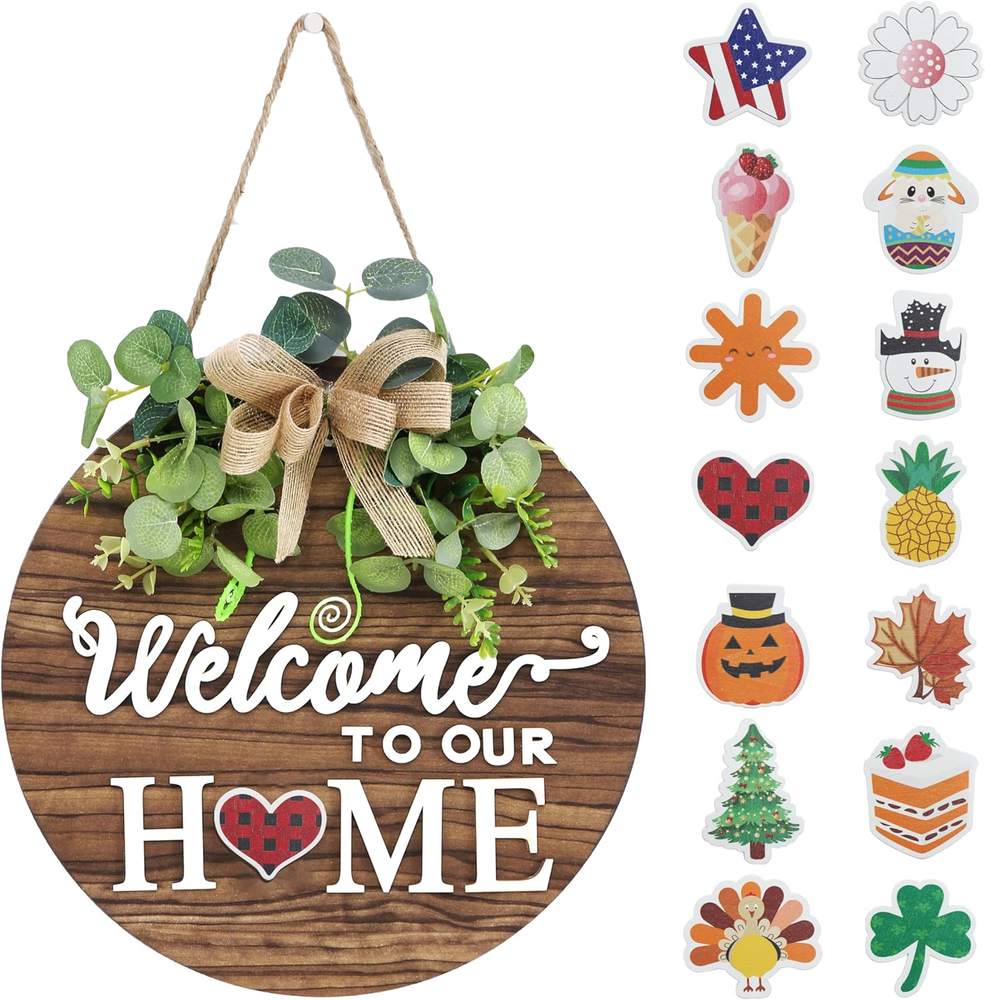 Interchangeable Seasonal Welcome Sign Front Door Decoration, Rustic round Wood W-image