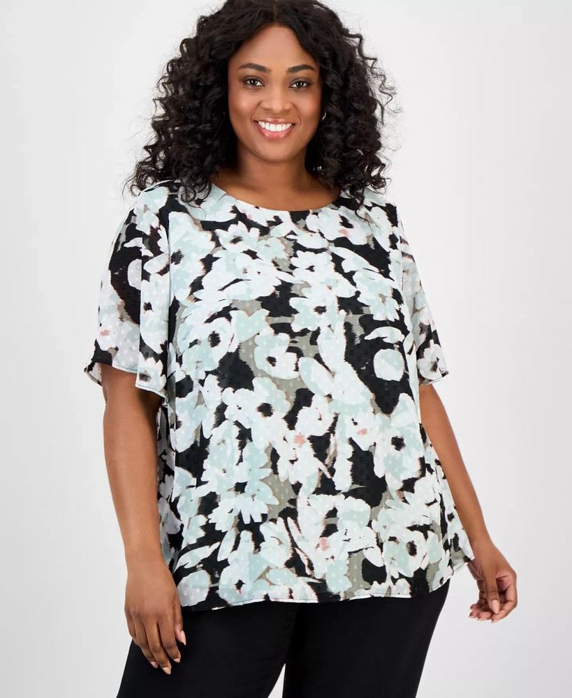 Kasper Women's Top Plus Sz 3X Size Floral-Print Clip-Dot Shirt