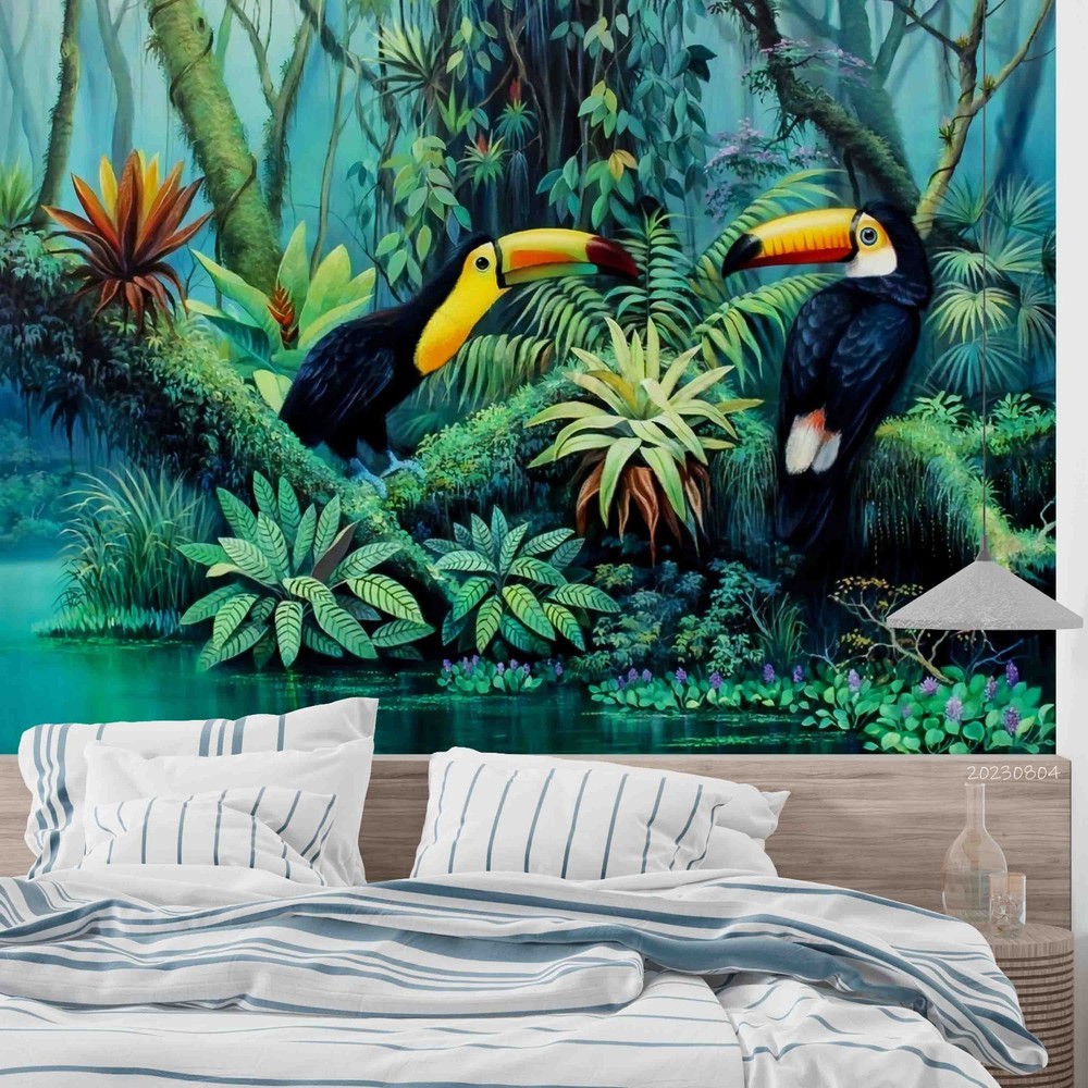 3D Tropical Jungle Birds Illustration Wall Murals Wallpaper Murals Wall Sticker