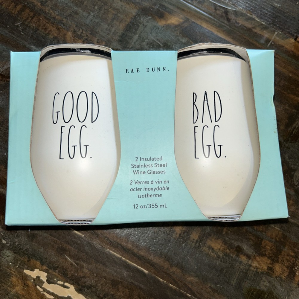 Set Of Rae Dunn Good Egg Bad Egg Insulated Stainless Steel Wine Glasses 12 oz.