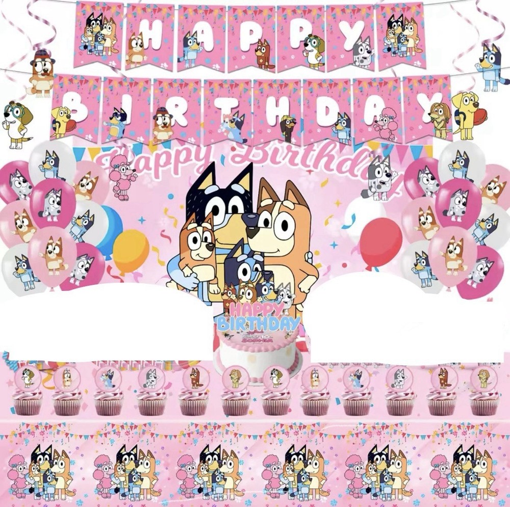 Bluey Themed 52-Piece Kids Birthday Party Kit with Pink Banner Balloons Cake Toppers