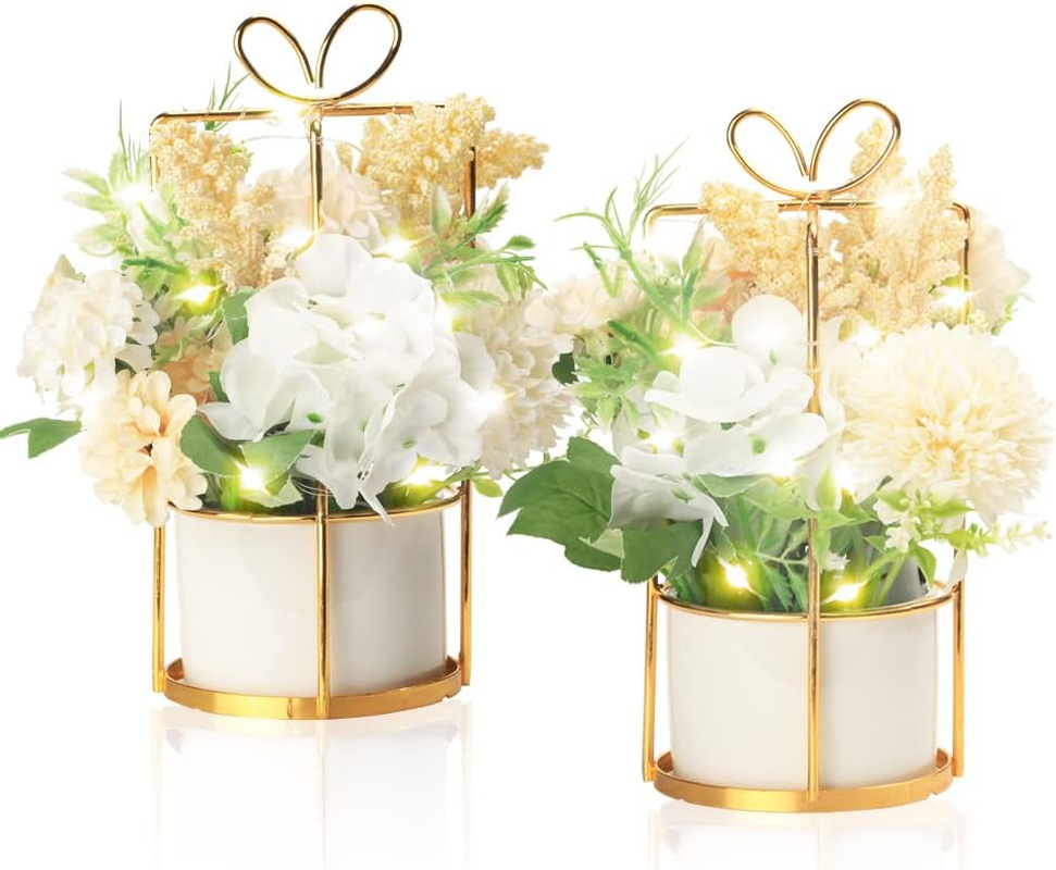 2-Pack LED White Artificial Hanging Potted Flowers with Lights