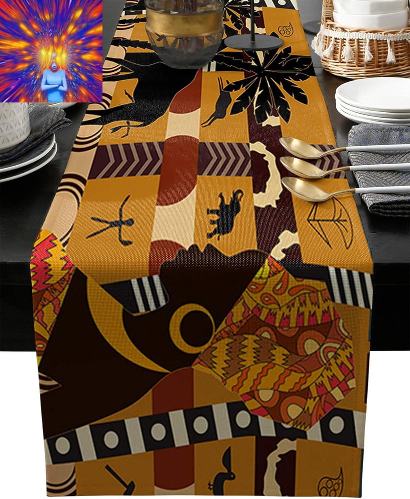 African Black Woman Cotton Linen Rectangle Table Runners 13''X90'', Elephant and