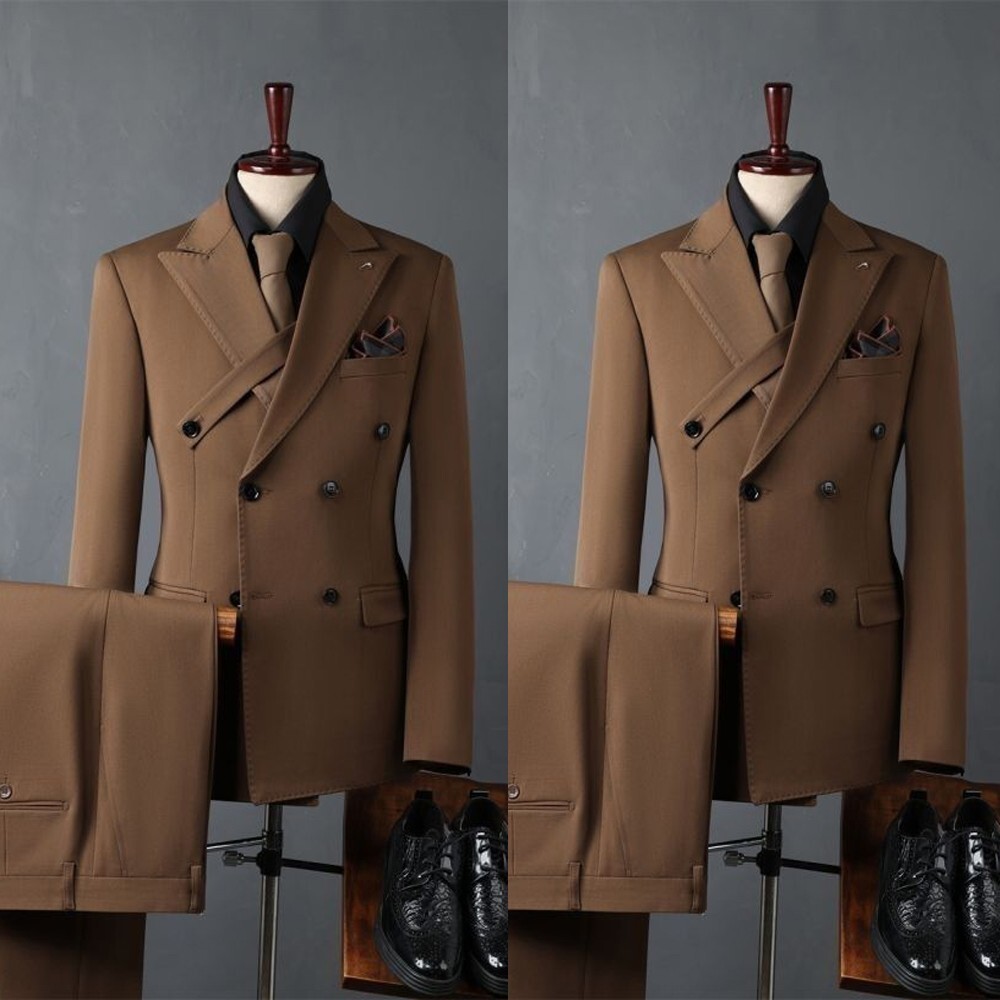 Brown Men's Suits Retro Peak Lapel Formal Business Wedding Groom Tuxedo 2 Pieces