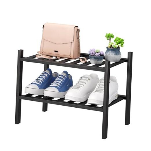 2-Tier Small Black Bamboo Shoe Rack for Entryway Organizer