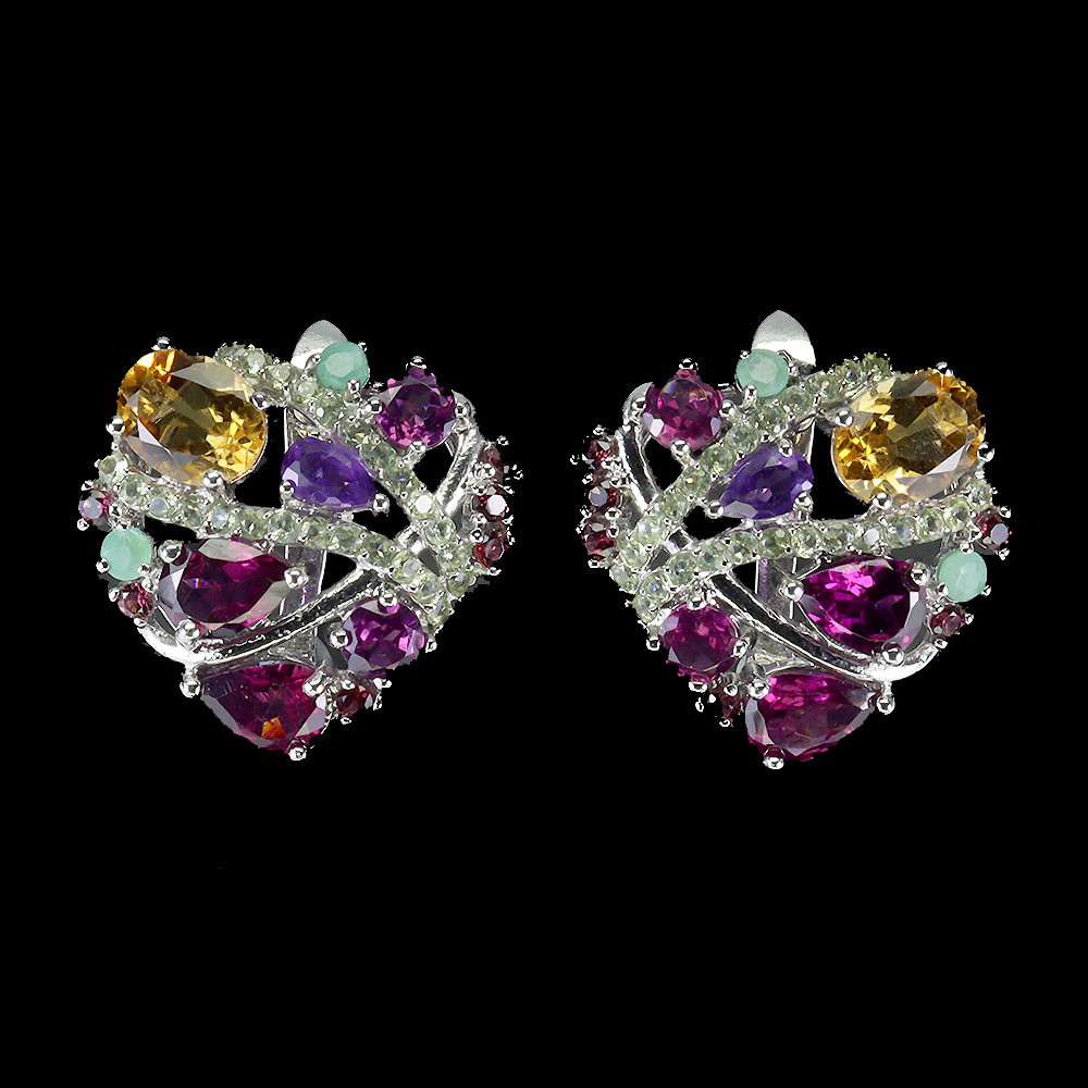 925 Sterling Silver Earrings with Citrine Amethyst and Emerald Gemstones