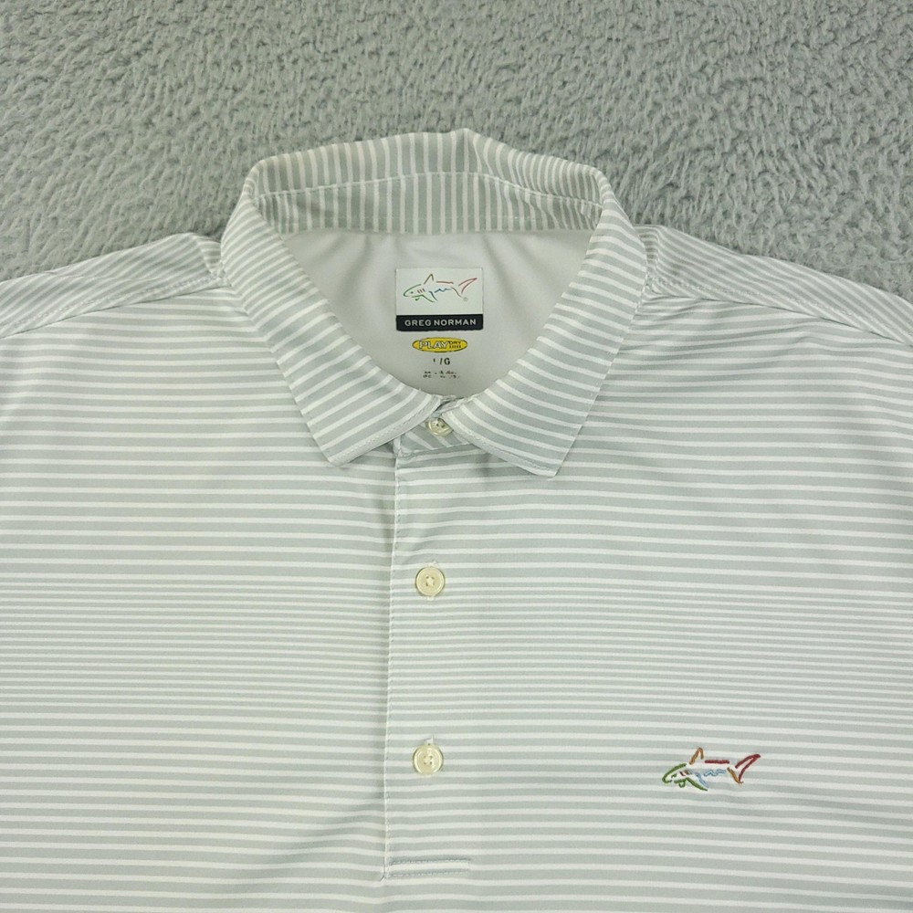 Greg Norman Polo Shirt Mens Large Gray White Stripe PlayDry Golf Performance