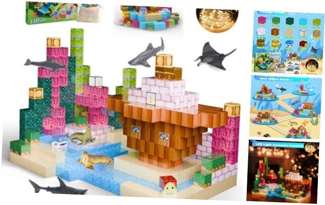 110PCS Magnetic Blocks with 6 Animal Toys for Ocean & Fish Building Fun