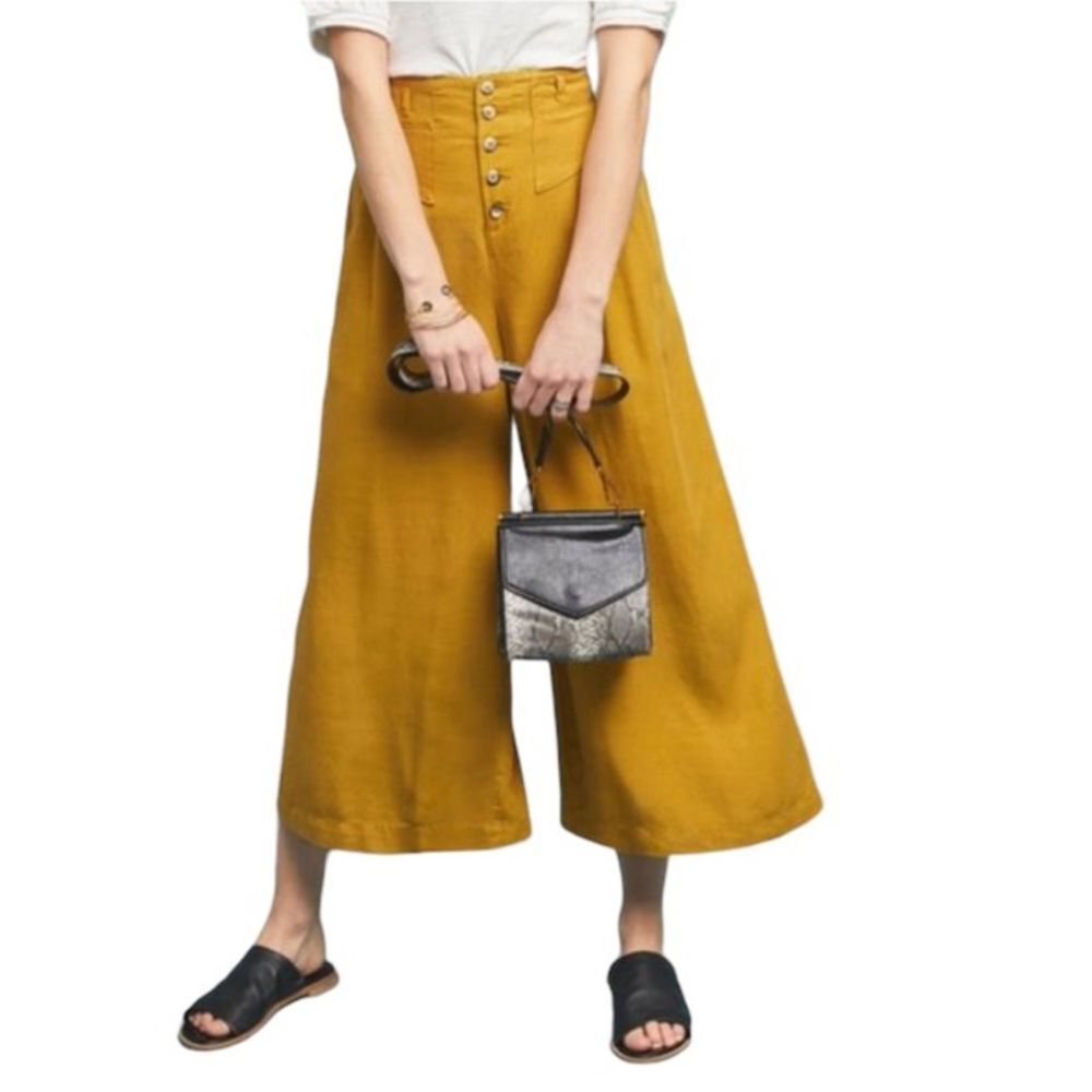 Anthropologie oceanside High Waisted Wide Leg Palazzo Pants Button Front linen
