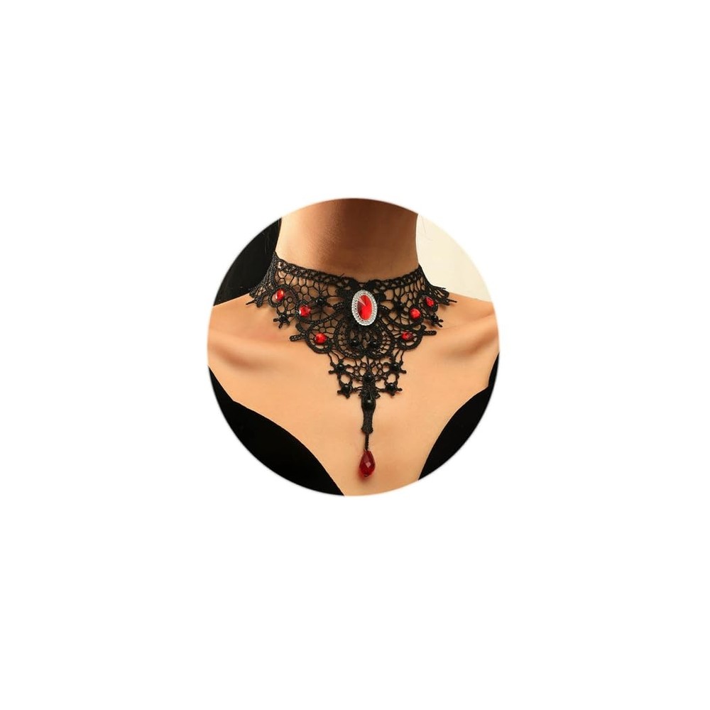 Vinzar Gothic Black Lace Choke Necklace Red Crystal Pendant Necklace Women Co...