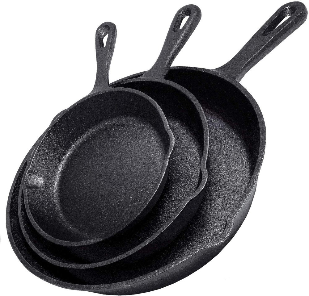 Cast Iron Skillet 3-Piece Set - Heavy-Duty Professional Restaurant Chef Quali...
