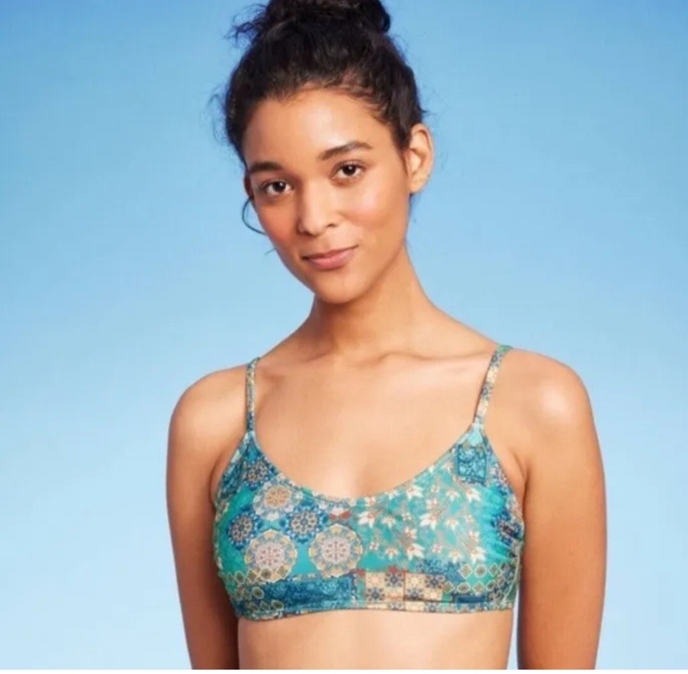 Wild Fable Womens XXS 00 Bikini Top Blue Patchwork Print Scoop Bralette New