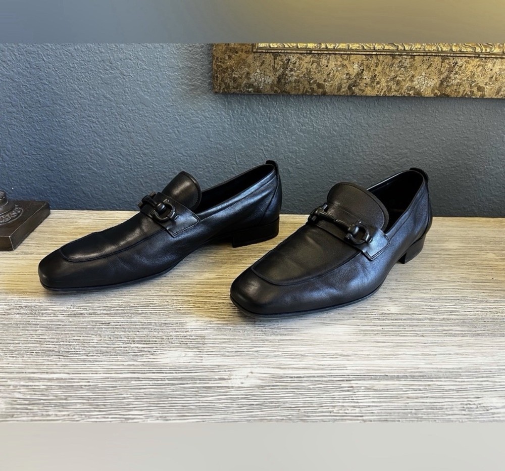 Salvatore Ferragamo Black Leather Horsebit Loafers Mens 10.5 EE Fits 11 Italy