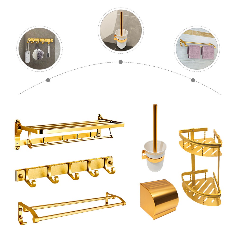 Wall-Mounted Gold Bathroom Accessories Set with Toilet Brush Holder and Towel Rack