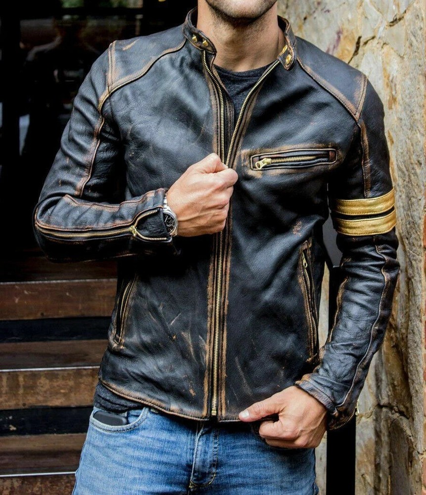 Men's Black Biker Vintage Motorcycle Distressed Cafe Racer Leather Jacket