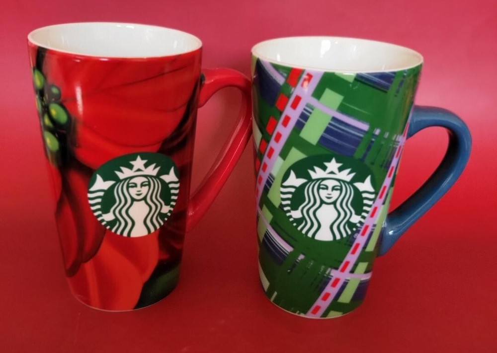 2020 Starbucks Red Poinsettia Green Plaid Ceramic Coffee Mug Set 16 oz Holiday Edition