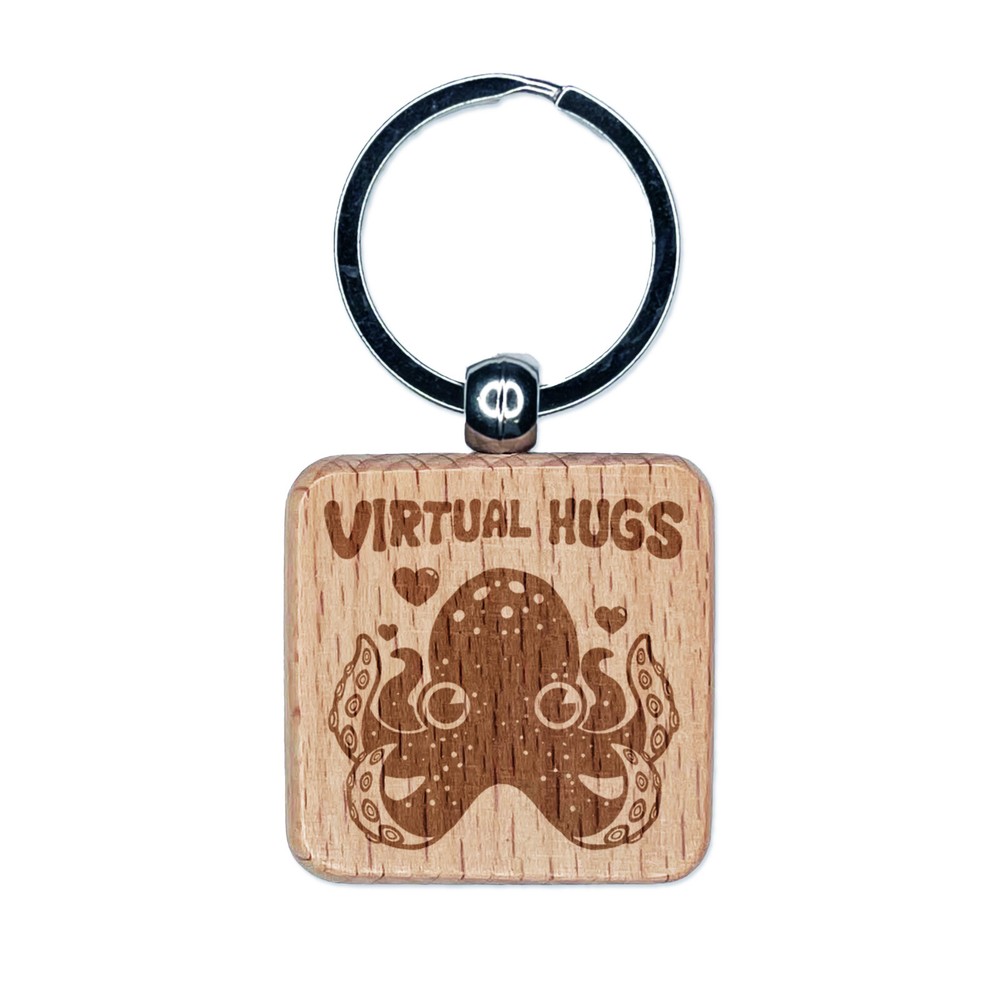 Octopus Virtual Hugs Engraved Wood Square Keychain Tag Charm