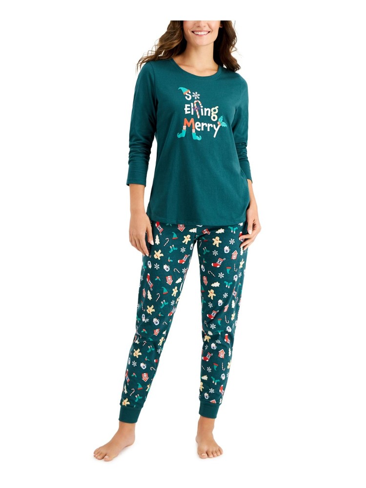 Green Printed Long Sleeve PJ Set for Women with Cuffed Pants
